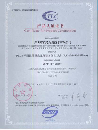China YINGDA TECHNOLOGY LIMITED certificaten